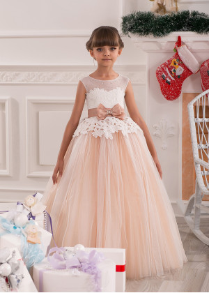 Beaded Lace Tulle Keyhole Back Floor Length Stunning Flower Girl Dress 
